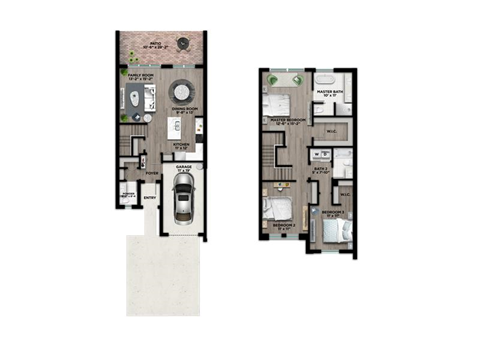 A floor plan of a two-story house with a garage on the first floor and a master bedroom suite on the second floor.